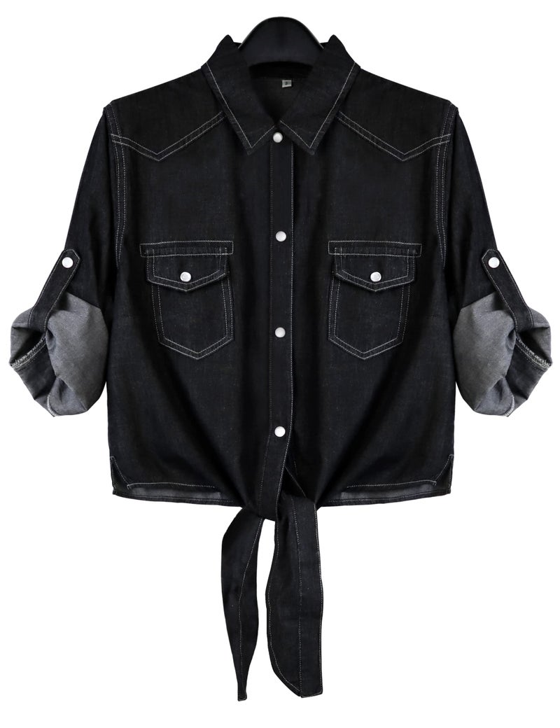 Omoone Women's 3/4 Sleeve Denim Crop Top Tie Knot Shirt Cardigan(0774-Black01-M) - Image 1