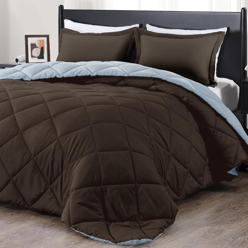 downluxe Queen Comforter Set - Brown and Blue Queen Comforter, Soft Bedding Sets for All Seasons -3 Pieces - 1 Comforter (88"x92") and 2 Pillow Shams(20"x26") - Image 1