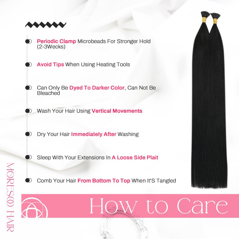 Moresoo I Tip Hair Extensions Human Hair Black Itip Human Hair Extensions 24 Inch Long Straight Itip Extensions Real Human Hair Jet Black for Wedding 0.8G/S 50S 24In - Image 2