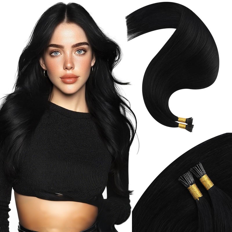 Moresoo I Tip Hair Extensions Human Hair Black Itip Human Hair Extensions 24 Inch Long Straight Itip Extensions Real Human Hair Jet Black for Wedding 0.8G/S 50S 24In - Image 1