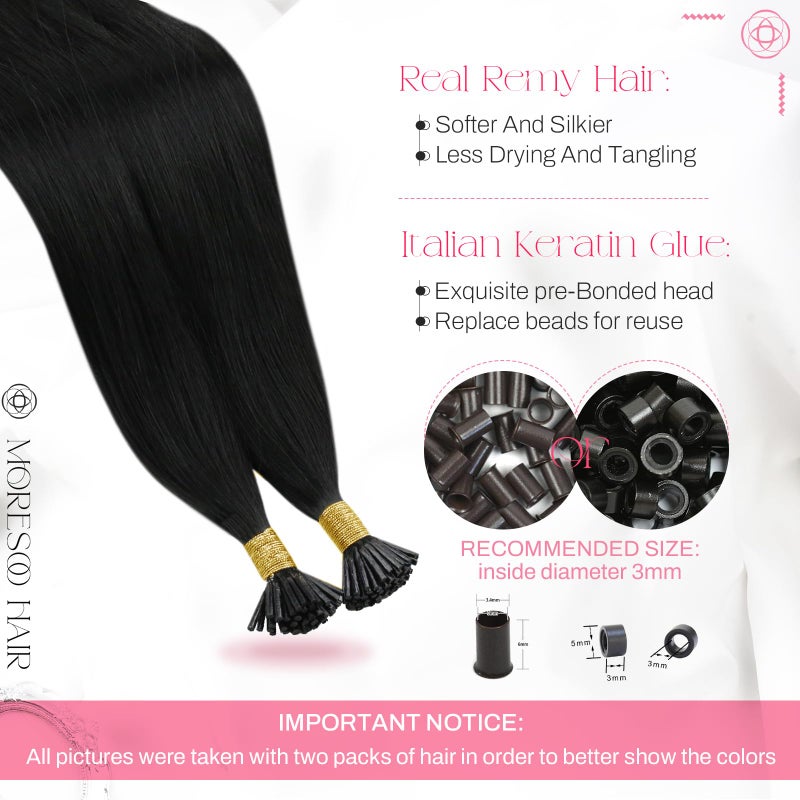 Moresoo I Tip Hair Extensions Human Hair Black Itip Human Hair Extensions 24 Inch Long Straight Itip Extensions Real Human Hair Jet Black for Wedding 0.8G/S 50S 24In - Image 3