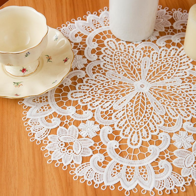 VIRFONOR 2pack Round Lace Placemats for Dining Table,15inch Delicate Floret Embroidered Lace Doilies vase mat for Christmas Daily Use, Washable (White Round 15inch) - Image 2