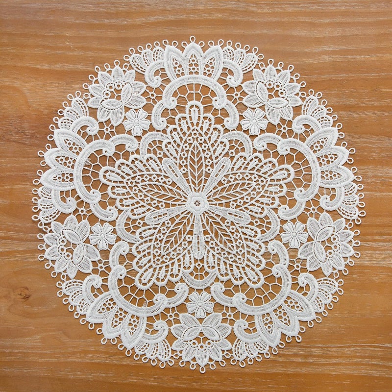 VIRFONOR 2pack Round Lace Placemats for Dining Table,15inch Delicate Floret Embroidered Lace Doilies vase mat for Christmas Daily Use, Washable (White Round 15inch) - Image 1