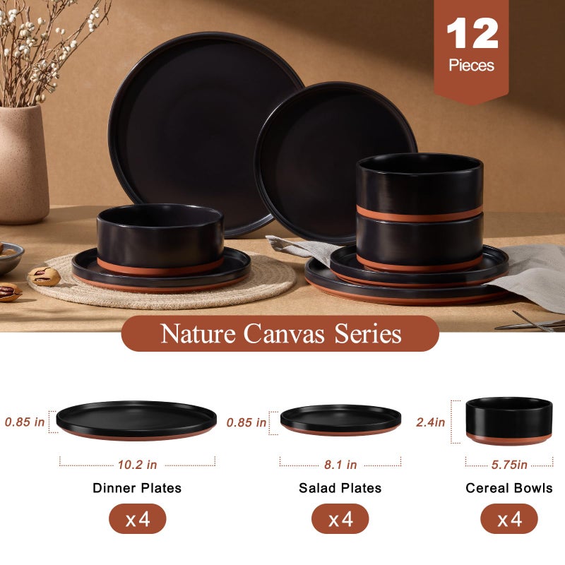 LIANYU 12 Pieces Porcelain Dinnerware Sets, Premium Plates and Bowls Set, High-Fired Ceramic Dishes Set for 4, Chip & Scratch Resistant, Microwave Dishwasher Safe, Charcoal Black - Image 2