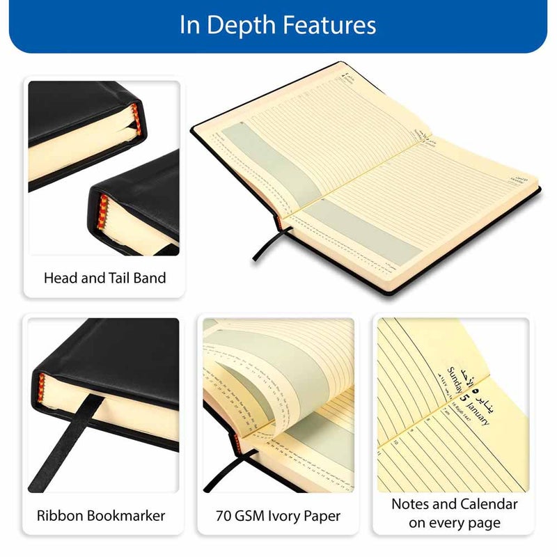 FIS 2026 A4 Diary, 210x297mm, 1 Side Padded Italian PU Cover Materials, Round Corners, 1 Day a Page Format, Arabic/English, 70gsm Italian Ivory Paper, Black Cover - FSDI45AE26BK - Image 5