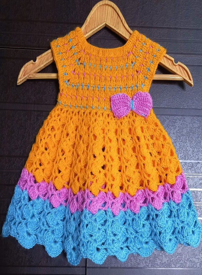 DORCHIS Baby Girl Dress for 0-6 Months - Woolen Frock for Baby Girl, Handmade with Crochet Yellow-Blue - Image 3