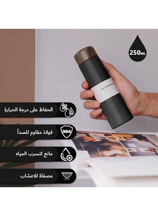 Thermal Water Bottle Vacuum Insulated Slim Stainless Steel Cup – Pocket Travel Mug with Wood Grain Design, Leak Proof & Portable for Outdoor Use (Black, 250, Milliliters) - Image 2