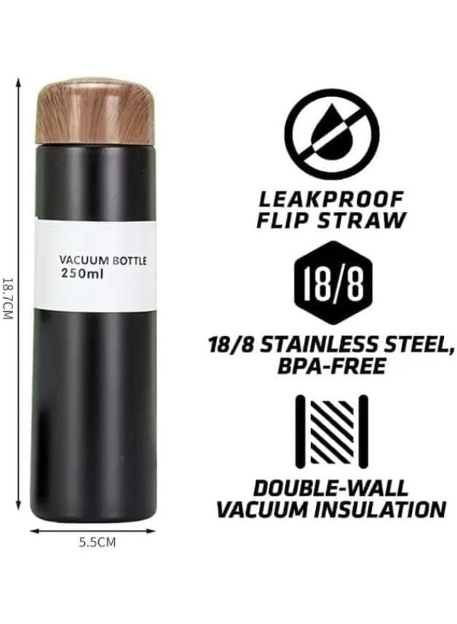 Thermal Water Bottle Vacuum Insulated Slim Stainless Steel Cup – Pocket Travel Mug with Wood Grain Design, Leak Proof & Portable for Outdoor Use (Black, 250, Milliliters) - Image 5