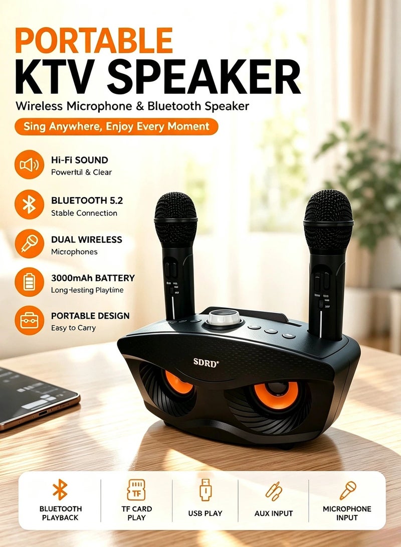 SDRD Portable Karaoke Machine with 2 Wireless Microphones Bluetooth 5.2 Speaker 20W DSP Stereo Sound 3000mAh Rechargeable Home KTV Party Outdoor Speaker USB - Image 1
