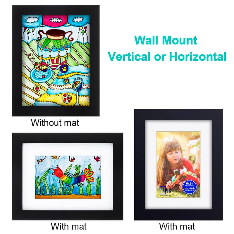 RPJC RPJC 6x8 inch Picture Frame Made of Solid Wood and High Definition Glass Display Pictures 4x6 with Mat or 6x8 Without Mat for Wall Mounting Photo Frame Black - Image 4