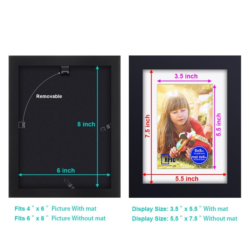 RPJC RPJC 6x8 inch Picture Frame Made of Solid Wood and High Definition Glass Display Pictures 4x6 with Mat or 6x8 Without Mat for Wall Mounting Photo Frame Black - Image 3