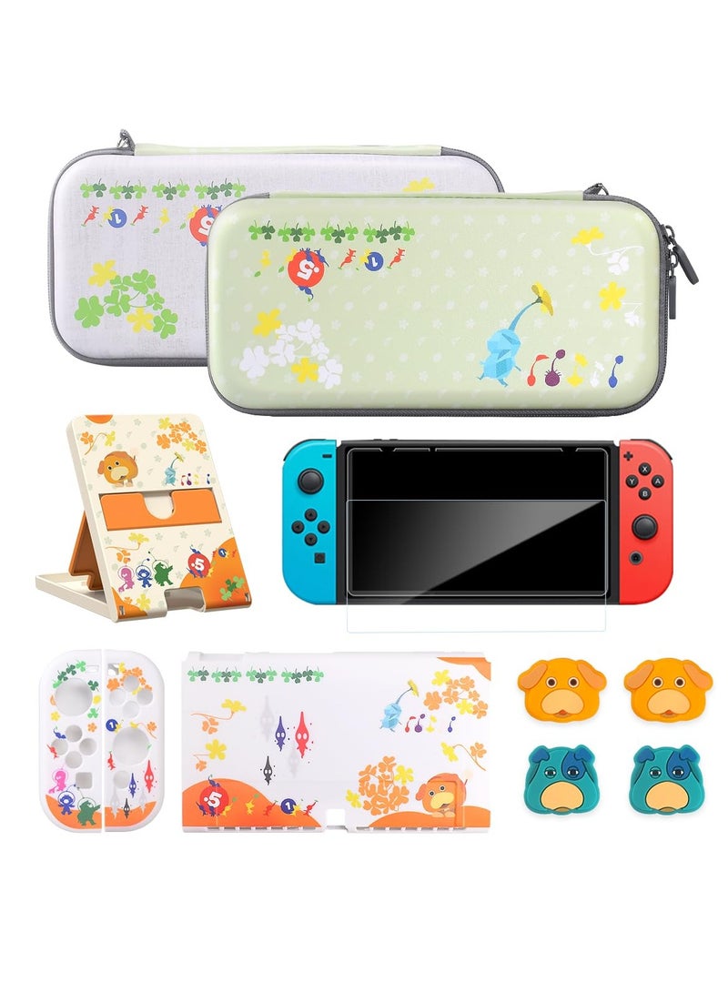 SYOSI Switch Carrying Case Set Cute Switch Case Bundle for Pikmin Fans with Switch OLED Protective Cover Screen Protector Playstand and Thumb Caps Storage Bag Compatible with Switch OLED and Accessories - Image 1