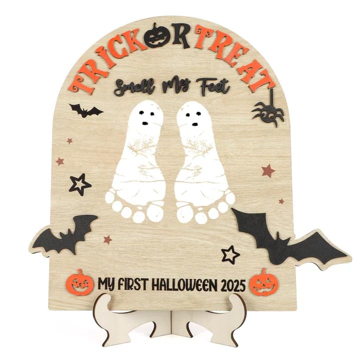 Yewfold My First Halloween Sign DIY Wood Hand and Foot Print Art Craft Kit Babys First Halloween Footprint Kit Personalized Hands Feet Down Gifts for Birthday Family Keepsake Halloween - Image 1