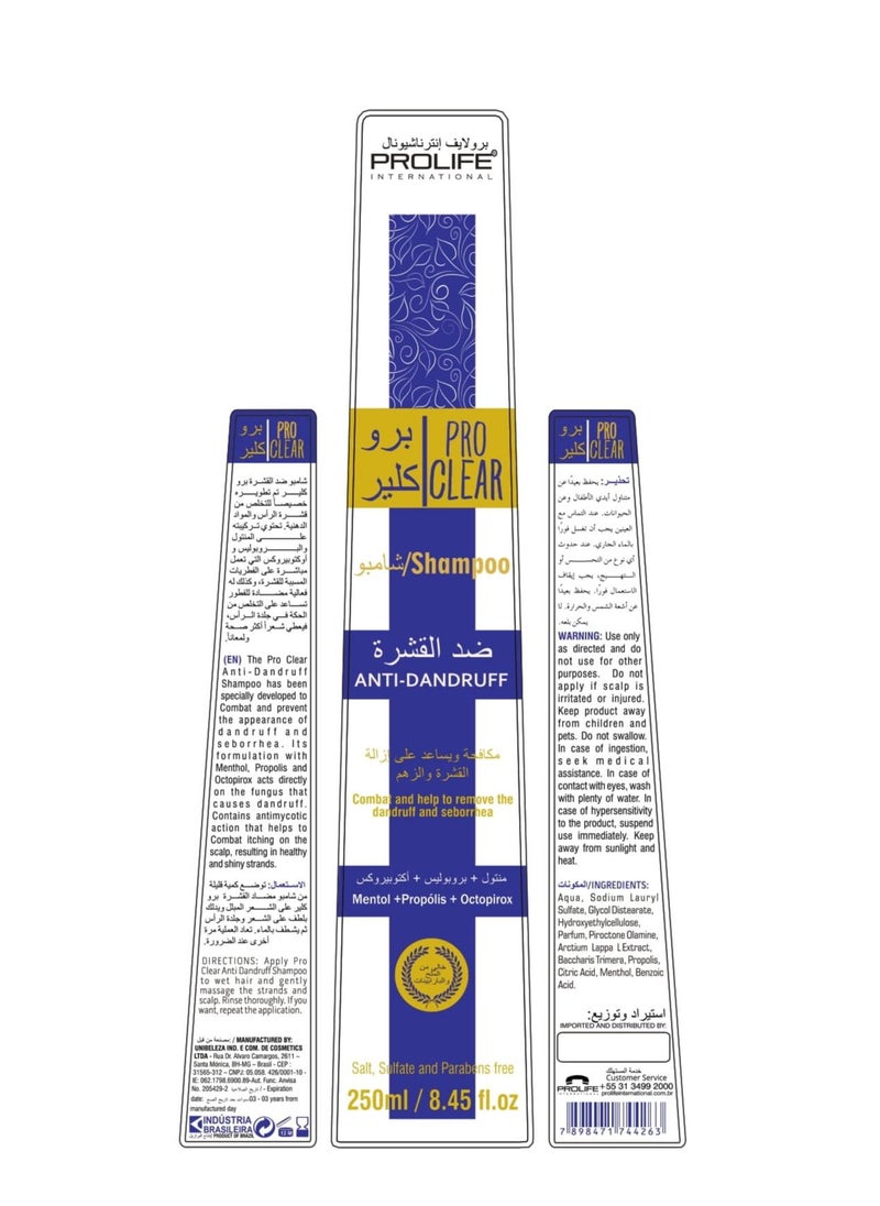 PROLIFE INTERNATIONAL ProClear Anti Dandruff Kit Contains Menthol Propolis and Octopirox Instant result removing dandruff 250mlX2 + 30ml Tonic Made in Brazil  - Image 3