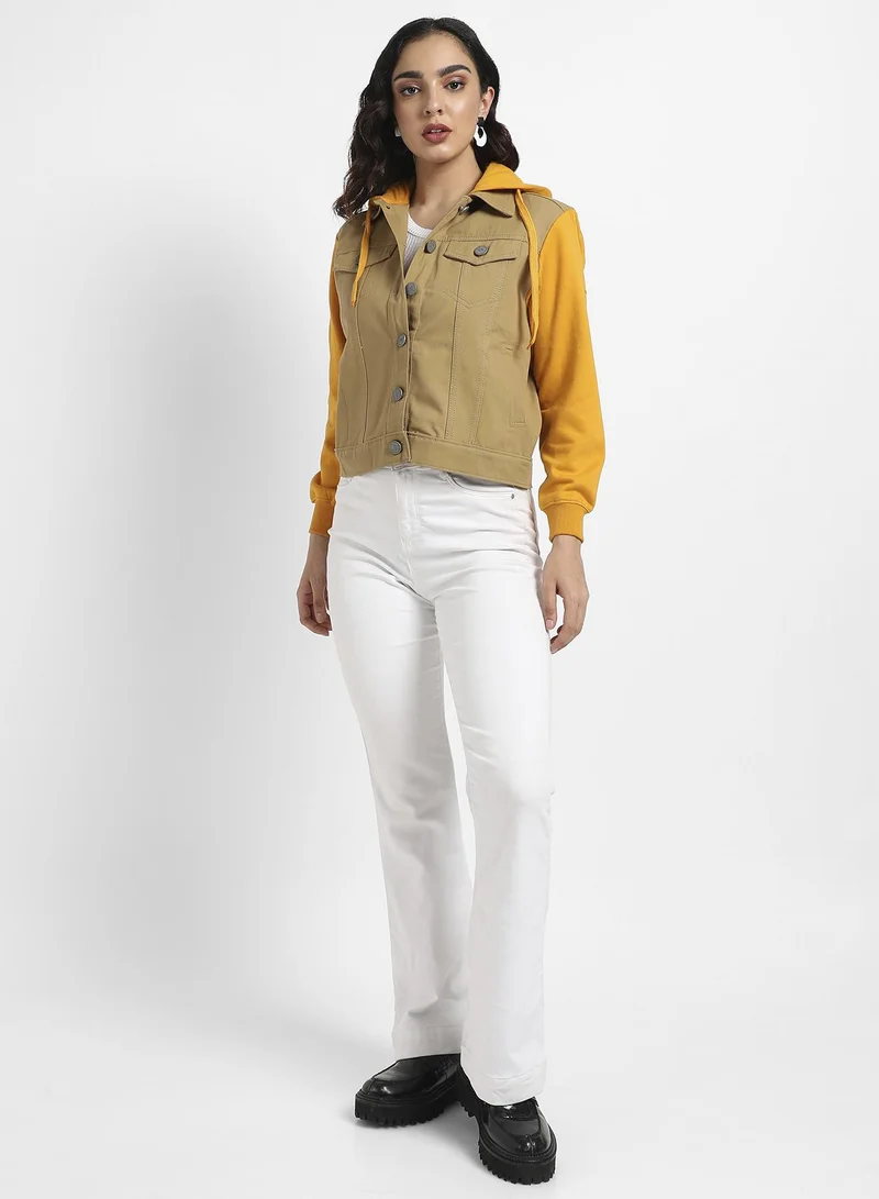 Campus Sutra Women's Yellow & Beige Denim Jacket With Sweatshirt Sleeve