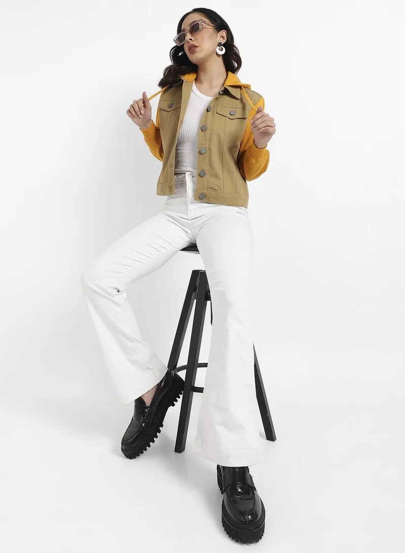 Campus Sutra Women's Yellow & Beige Denim Jacket With Sweatshirt Sleeve