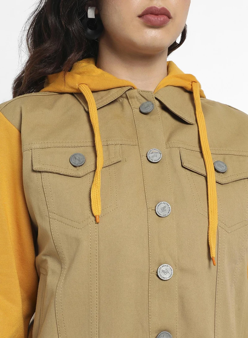 Campus Sutra Women's Yellow & Beige Denim Jacket With Sweatshirt Sleeve