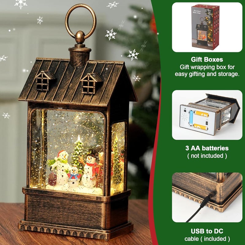 maxkes Christmas Snow Globe Lantern Water Glittering Snowman Family with Music, USB Lined/Battery Operated Lighted Lantern for Christmas Festival Decoration Gifts - Image 5