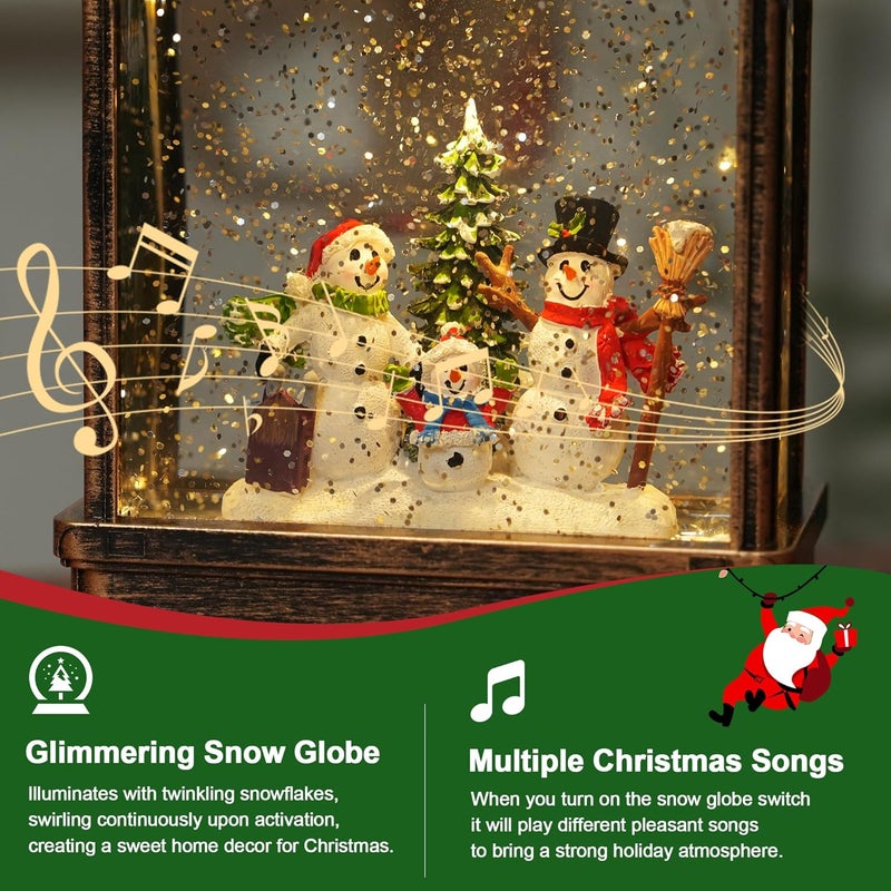 maxkes Christmas Snow Globe Lantern Water Glittering Snowman Family with Music, USB Lined/Battery Operated Lighted Lantern for Christmas Festival Decoration Gifts - Image 3