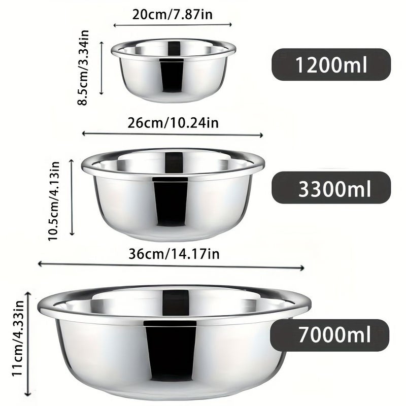 A 3 Piece Stainless Steel Mixing Bowl Set 7.87 10.24 14.17 Inch Dough Kneading Basin Baking Food Preparation Bright Surface Easy To Clean Dishwasher Safe - Image 2
