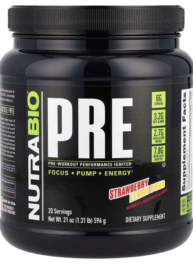 NutraBio PreWorkout Performance Igniter Strawberry Lemon Bomb  1.31 lb (596 g)