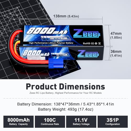 Zeee 11.1V Lipo Battery 3S 100C 8000mAh Hard Case Battery with EC5 Plug for 1/8 1/10 RC Car Model Truggy Buggy Team Associated(2 Pack) - Image 2