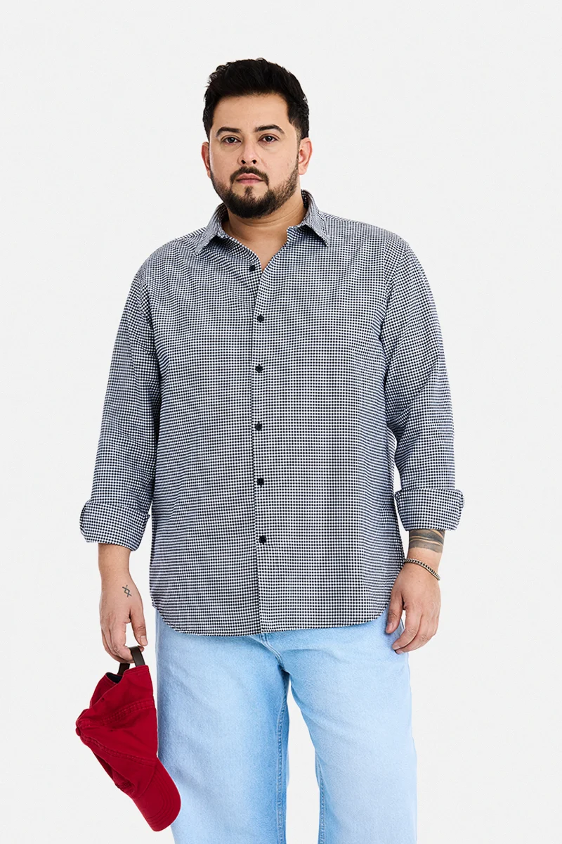 سنيتش Navy Blue Checkered Long Sleeve Regular Fit Plus Size Shirt