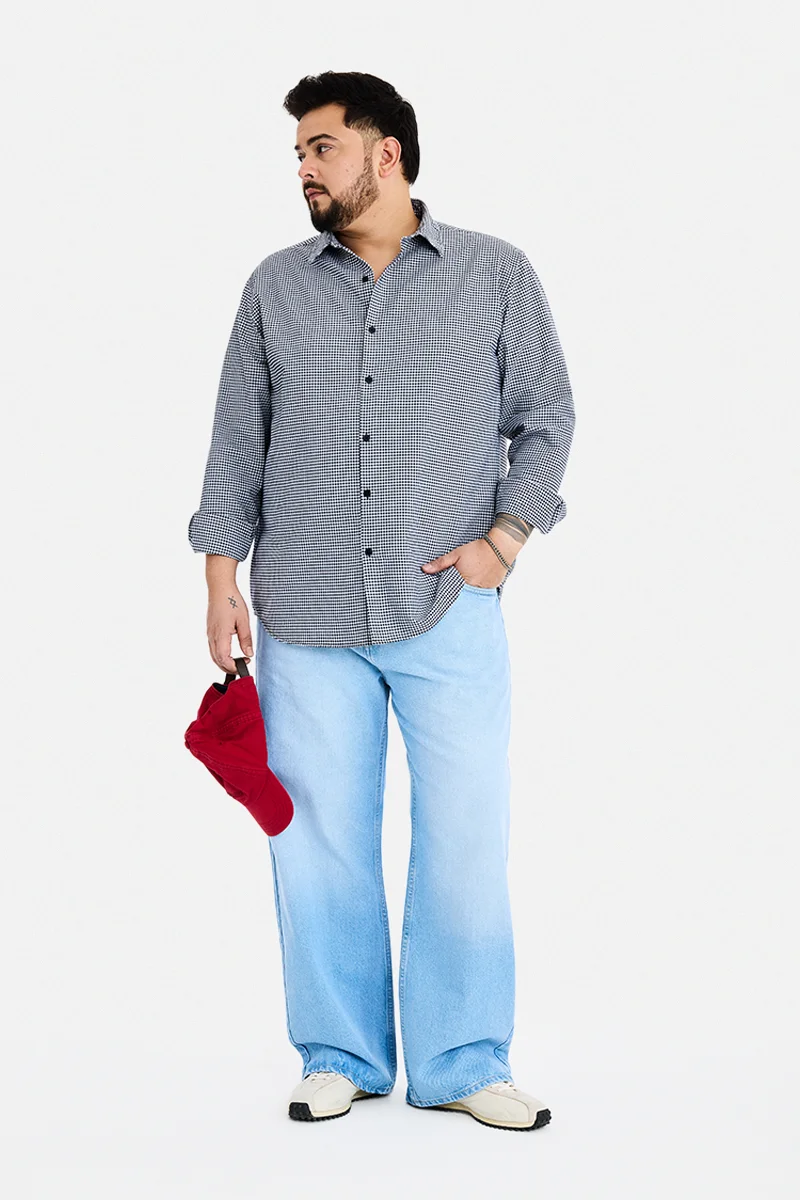 سنيتش Navy Blue Checkered Long Sleeve Regular Fit Plus Size Shirt