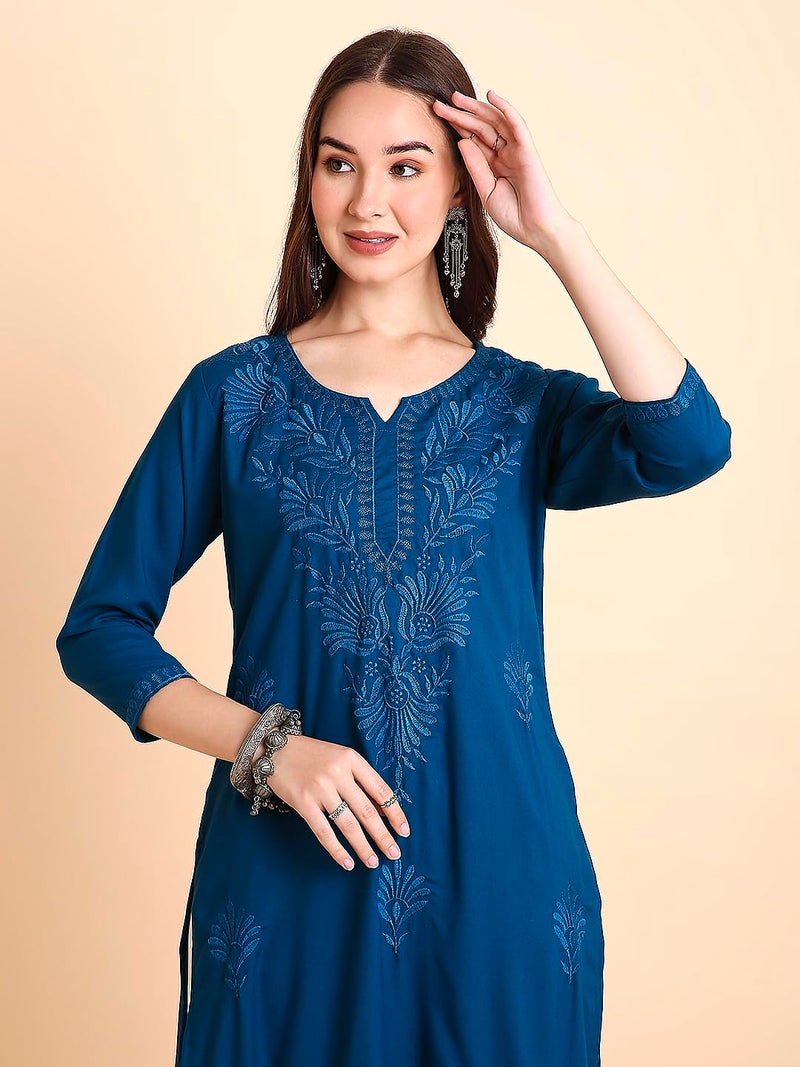 RATAN Women Rayon Straight Fit Lucknowi Chikankari Ethnic Wear Kurta (MEHR-1792-S_Navy Blue) - Image 3