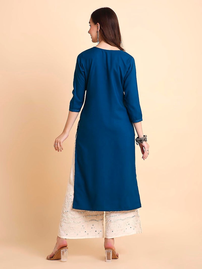 RATAN Women Rayon Straight Fit Lucknowi Chikankari Ethnic Wear Kurta (MEHR-1792-S_Navy Blue) - Image 2