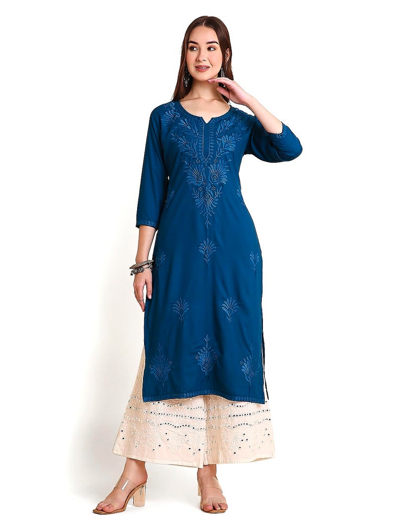 RATAN Women Rayon Straight Fit Lucknowi Chikankari Ethnic Wear Kurta (MEHR-1792-S_Navy Blue) - Image 1