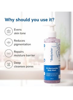 Be Bodywise Be Bodywise 5% Niacinamide Brightening Body Wash | Hydrates & Deep Cleanses Skin | For Glowing & Hydrated Skin | With Aloe vera, Vitamin B3 & E | For All Skin Types | 250ml  - Image 2