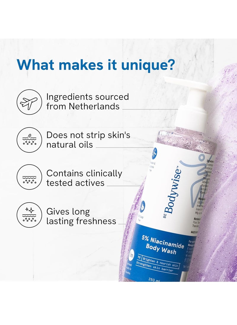 Be Bodywise - Be Bodywise 5% Niacinamide Brightening Body Wash | Hydrates & Deep Cleanses Skin | For Glowing & Hydrated Skin | With Aloe vera, Vitamin B3 & E | For All Skin Types | 250ml - Image 1