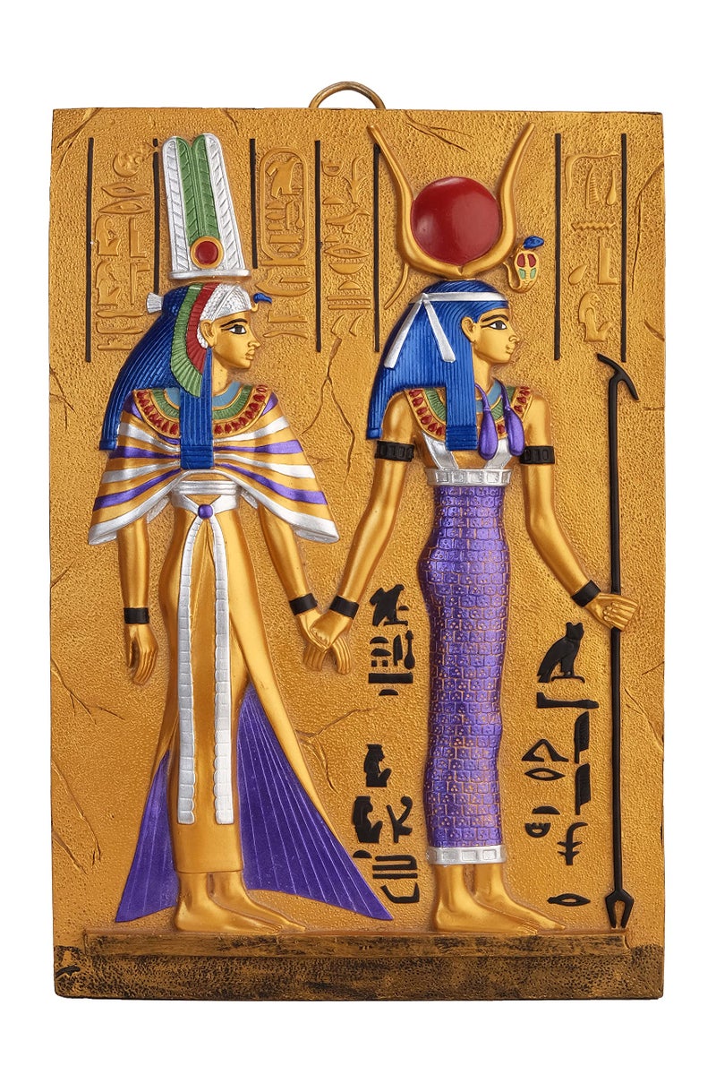 Ancient Egyptian Art Wall Relief Queen Nefertari being Led by Isis hand painted heavy stone.