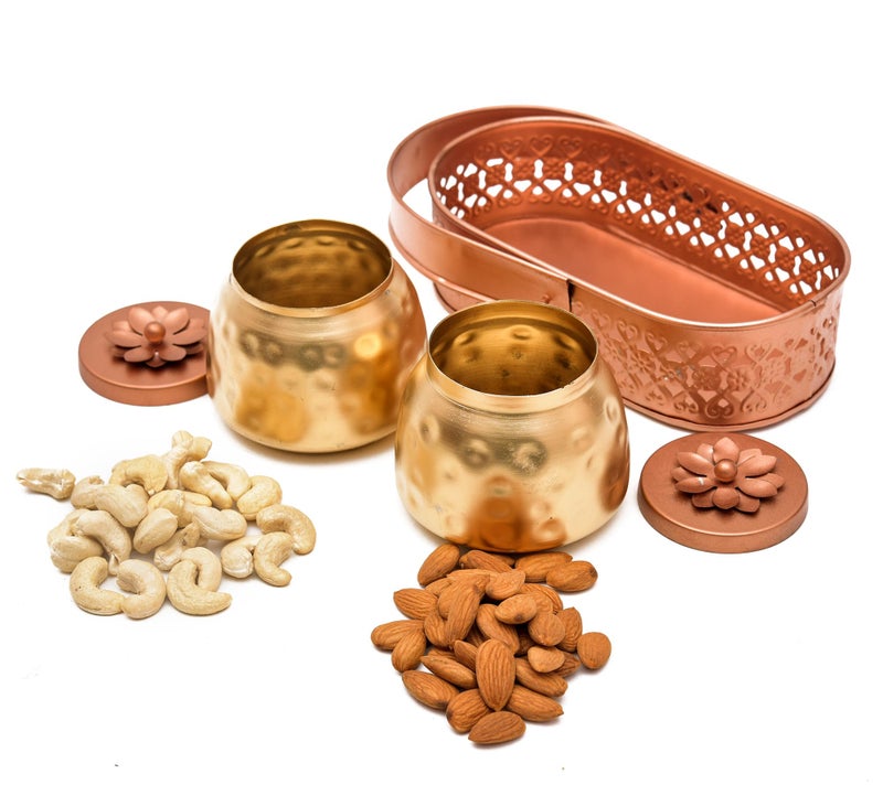 Sanvatsar Rectangular Shape Metal Basket with Jar Tray 2 Copper Flower Container Dry Fruits Chocolate Sweets Candys Gifts Set for Office, Home Decor Table Decoration Item (Rectangular) - Image 3