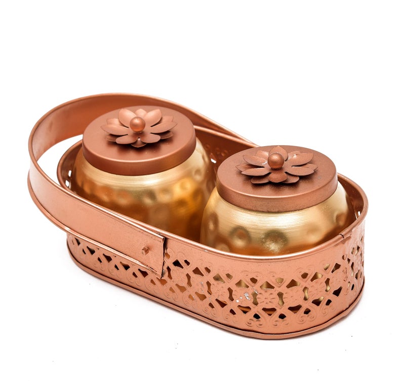 Sanvatsar Rectangular Shape Metal Basket with Jar Tray 2 Copper Flower Container Dry Fruits Chocolate Sweets Candys Gifts Set for Office, Home Decor Table Decoration Item (Rectangular) - Image 4