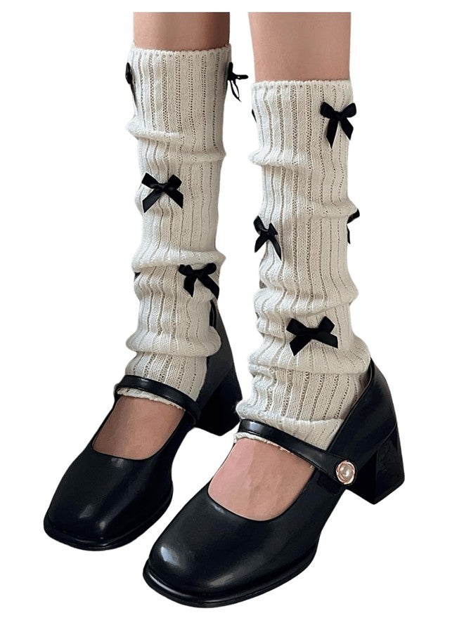 WDIRARA Women's Bow Knitted Ankle Leg Warmers Long Socks Kawaii Boot Socks Y2K White One-Size - Image 1