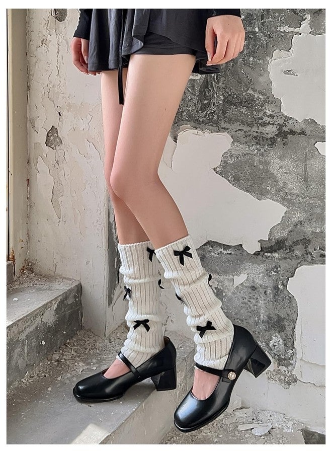 WDIRARA Women's Bow Knitted Ankle Leg Warmers Long Socks Kawaii Boot Socks Y2K White One-Size - Image 3
