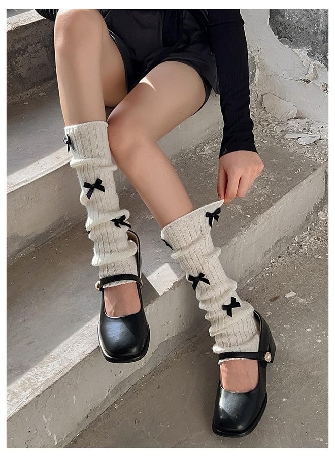 WDIRARA Women's Bow Knitted Ankle Leg Warmers Long Socks Kawaii Boot Socks Y2K White One-Size - Image 5