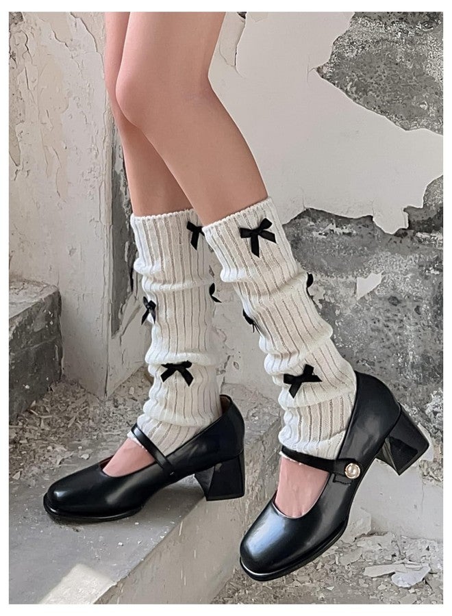 WDIRARA Women's Bow Knitted Ankle Leg Warmers Long Socks Kawaii Boot Socks Y2K White One-Size - Image 4