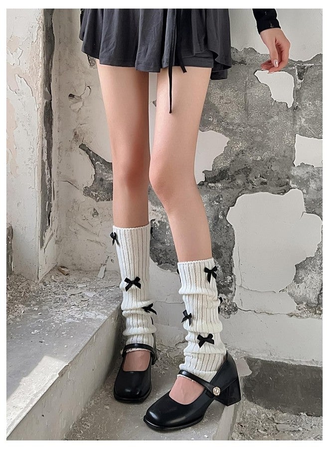 WDIRARA Women's Bow Knitted Ankle Leg Warmers Long Socks Kawaii Boot Socks Y2K White One-Size - Image 2