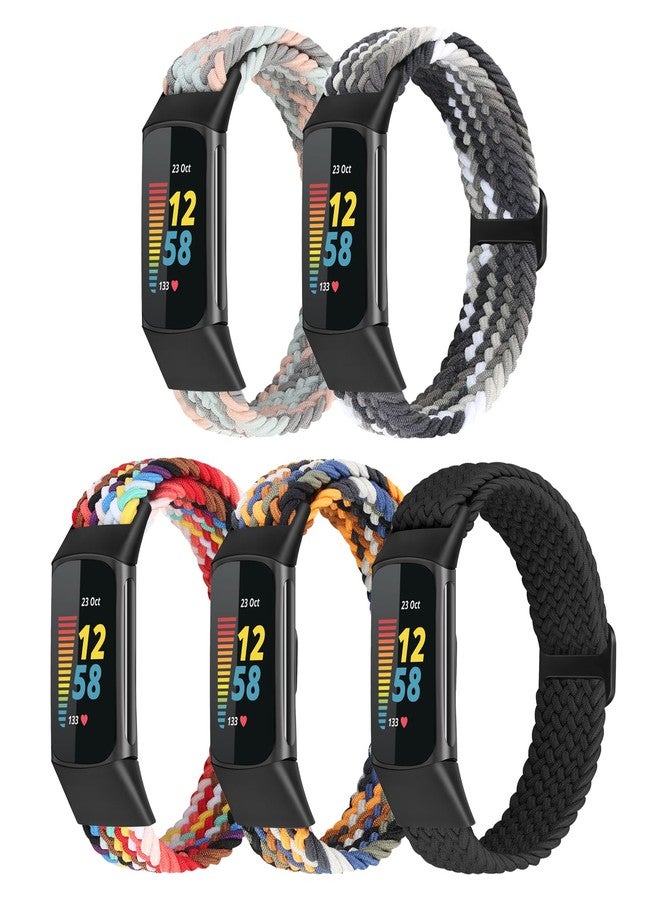 ShuYo Braided Stretchy Solo Loop Compatible for Fitbit Charge 5 Bands for Women Men, Nylon Elastic Straps Wristbands for Fitbit Charge 5, 5 Packs B - Image 1