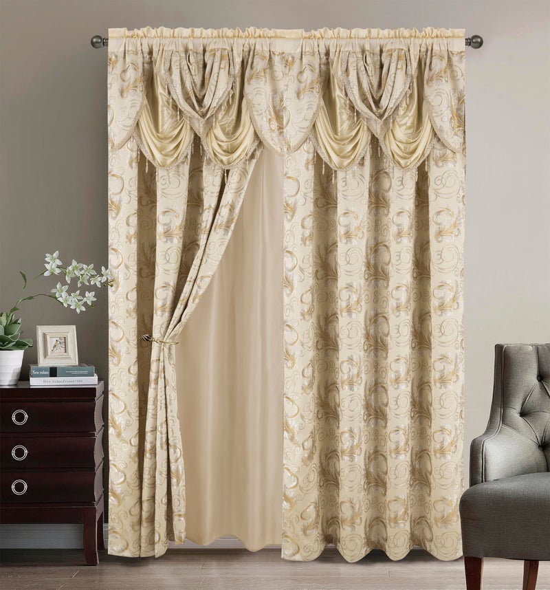 GLORY RUGS Jacquard Luxury Window 2 Panel Set Taupe Curtain with Attached Valance and Backing Bedroom Living Room Dining 2 Curtains 55x84 inches Each Jana