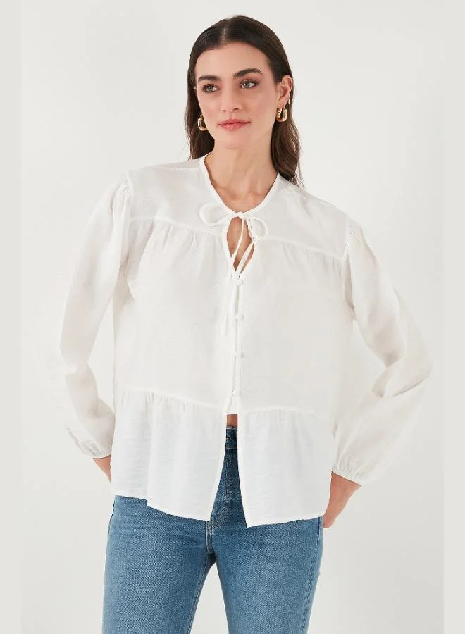 Lela Lela Oversize Fit Balloon Sleeve Shirt with Tie Collar Detail Women's SHIRT 6772618