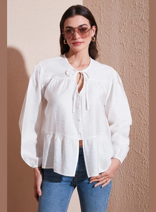 Lela Lela Oversize Fit Balloon Sleeve Shirt with Tie Collar Detail Women's SHIRT 6772618