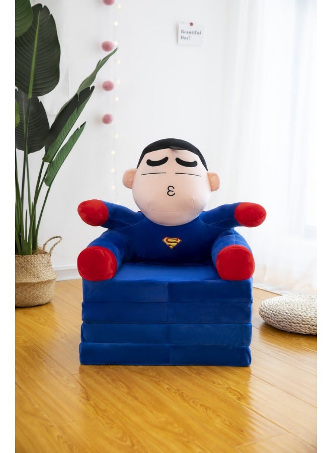 Cartoon Folding Sofa Plush Toy Children's Sofa Removable And Washable Seat Birthday Gift Supply-Specifications:Three-layer Folding (expand 1.2m)-Color:Blue Superman Xiaoxin - Image 1
