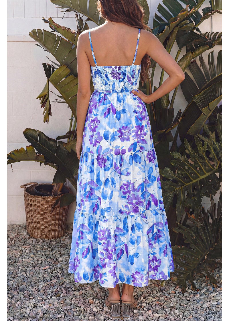 KIRUNDO Maxi Dresses for Women Summer Boho Floral Beach Vacation Sundress Spring Wedding Guest Dress Flowy Cruise Resort Wear(Blue, X-Large) - Image 5