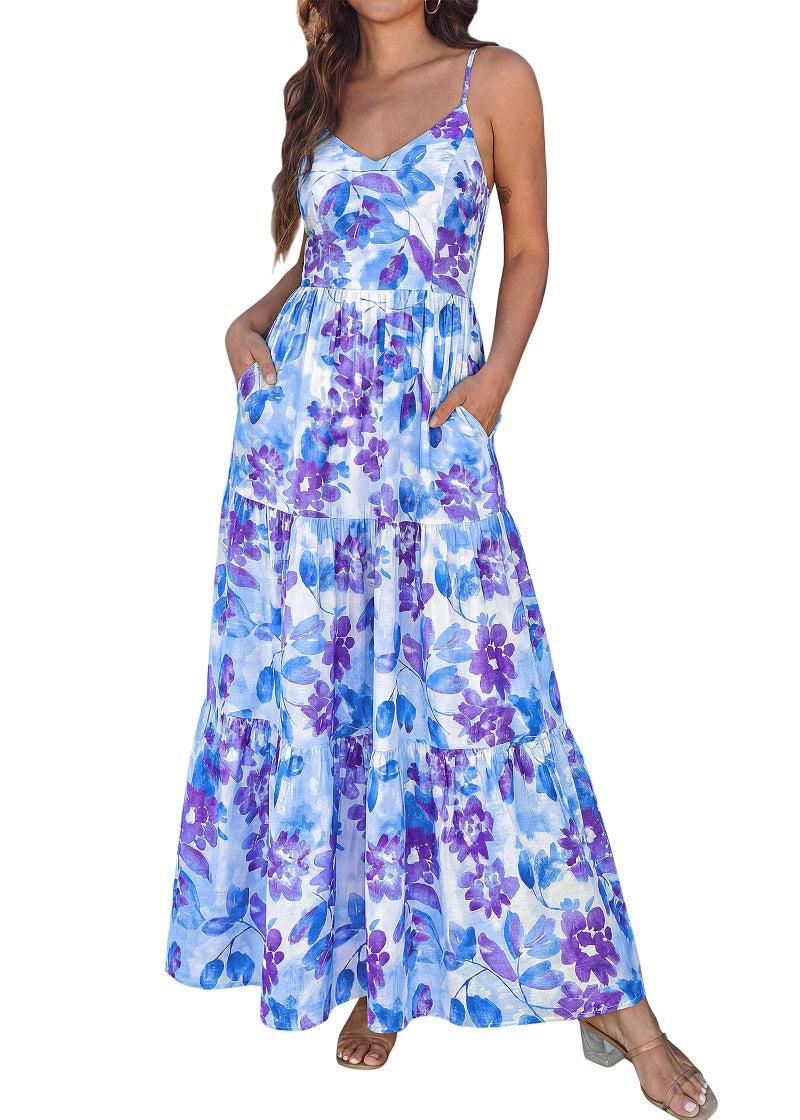 KIRUNDO Maxi Dresses for Women Summer Boho Floral Beach Vacation Sundress Spring Wedding Guest Dress Flowy Cruise Resort Wear(Blue, X-Large) - Image 1