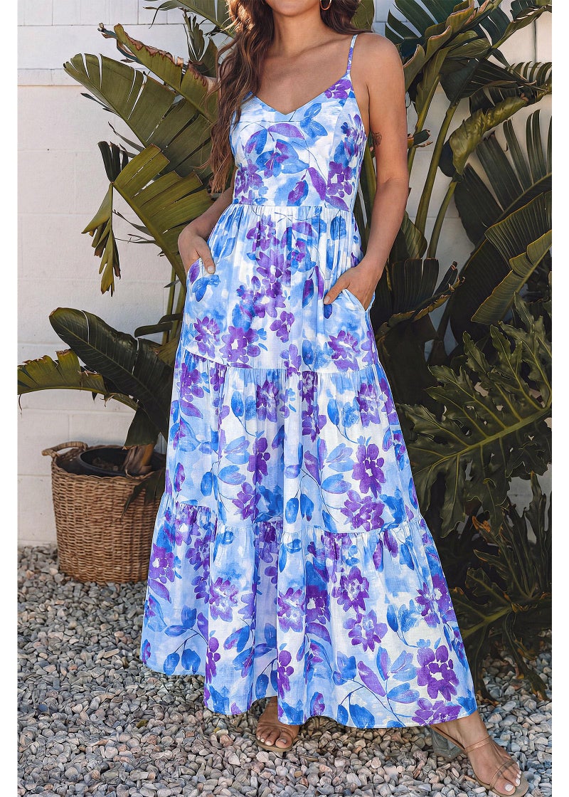 KIRUNDO Maxi Dresses for Women Summer Boho Floral Beach Vacation Sundress Spring Wedding Guest Dress Flowy Cruise Resort Wear(Blue, X-Large) - Image 2