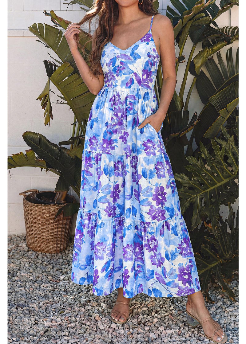 KIRUNDO Maxi Dresses for Women Summer Boho Floral Beach Vacation Sundress Spring Wedding Guest Dress Flowy Cruise Resort Wear(Blue, X-Large) - Image 3